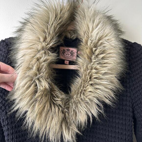 Sm Juicy Couture Vintage Y2K Black Lambswool Cardigan Sweater Faux Fur Collar - Picture 3 of 8